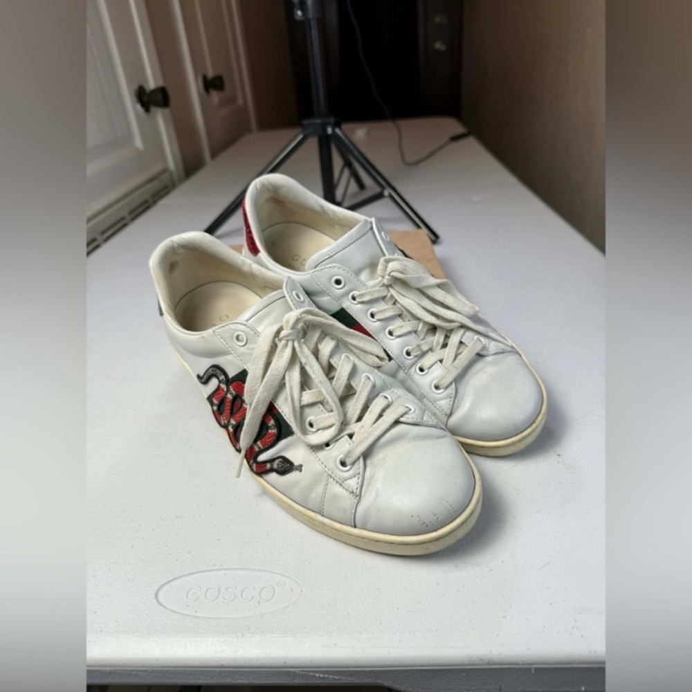 Mens Gucci Ace Embroidered Low Top Sneaker White Leather Snake Size 8 Used - Picture 6 of 16